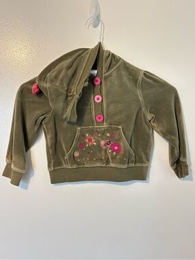 Gymboree Olive Green Velour Hoodie with Pink Buttons